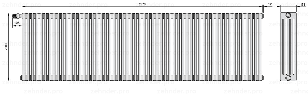 Схема (чертеж) Радиатор Zehnder Charleston 5220/56 №V012 Белый глянцевый RAL 9016